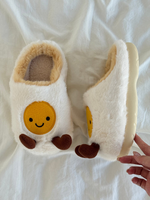 Fried Egg Fuzzy Scuff Slippers Soft Comfy Memory Foam Non-slip Slippers